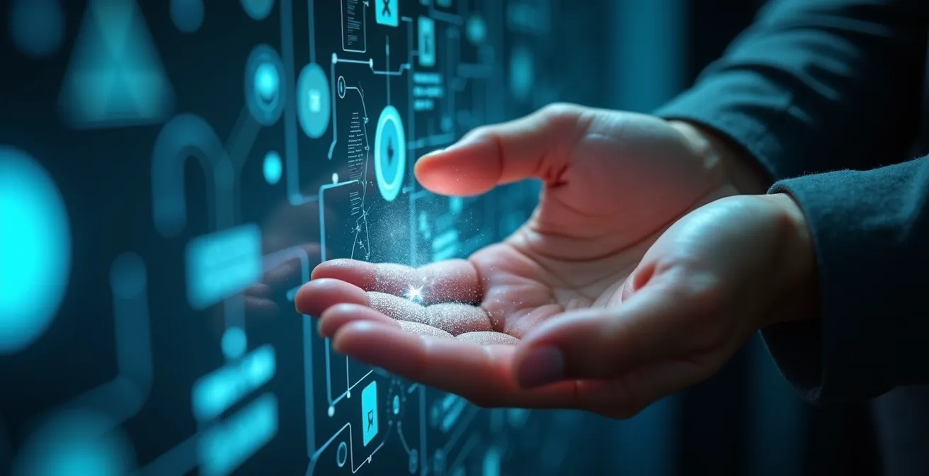 Extreme close-up of human hands interacting with a holographic AI interface, showing collaboration.