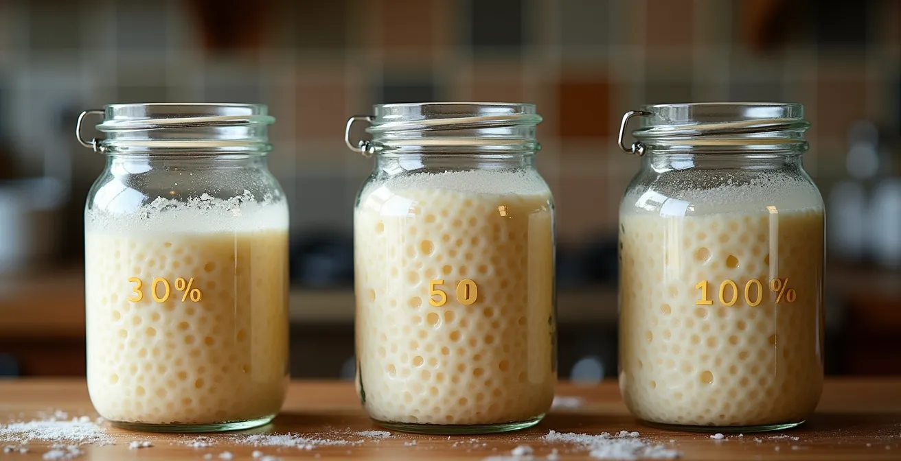 Three glass jars showing different stages of dough rise with percentage markers