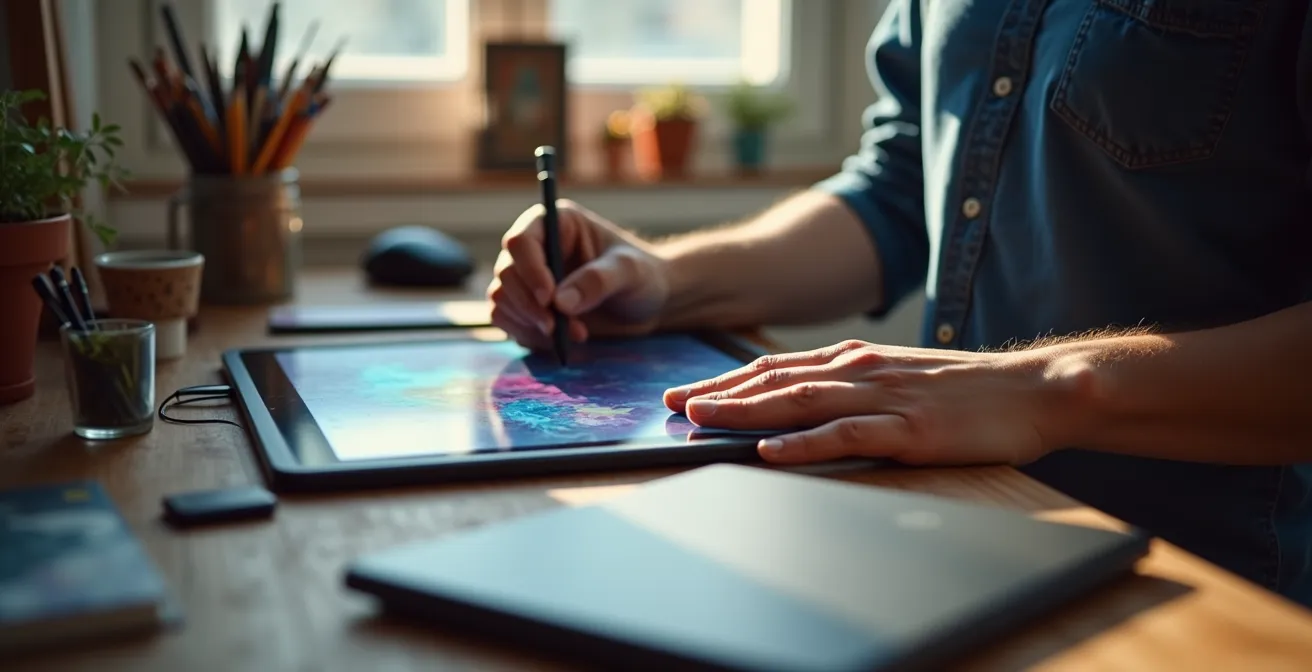Artist working alongside AI tools in creative workflow demonstration