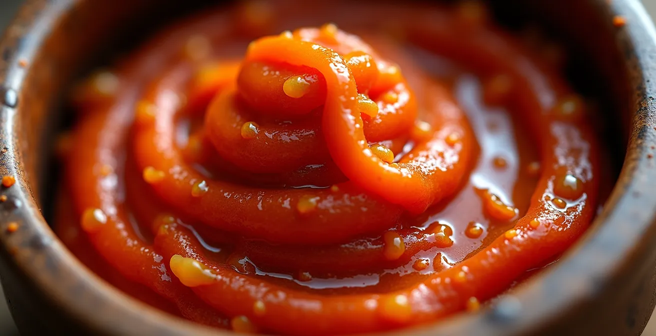 Close-up macro shot of traditional gochujang texture showing fermented paste consistency