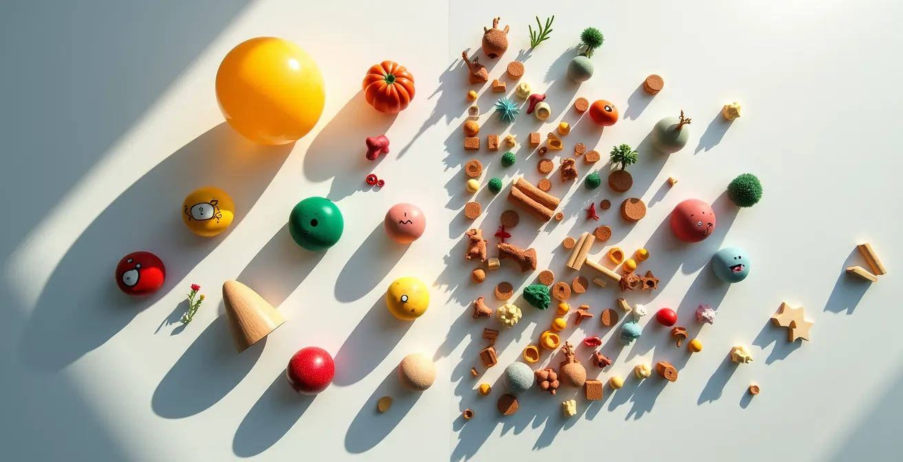 A symbolic photo showing organized, structured learning materials on one side and scattered, creative play items on the other, representing the blend of different play philosophies.