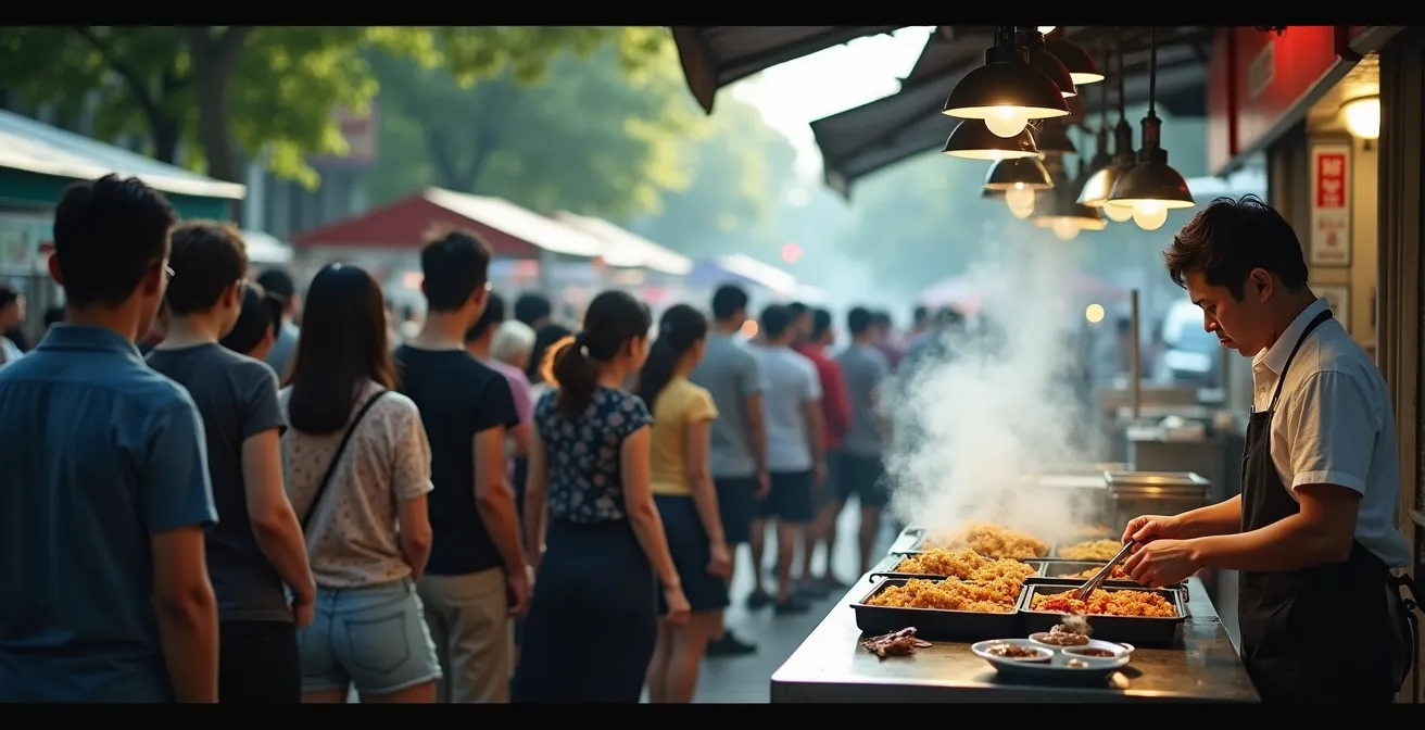 Overhead view of locals queuing at a popular street food stall during lunch hour