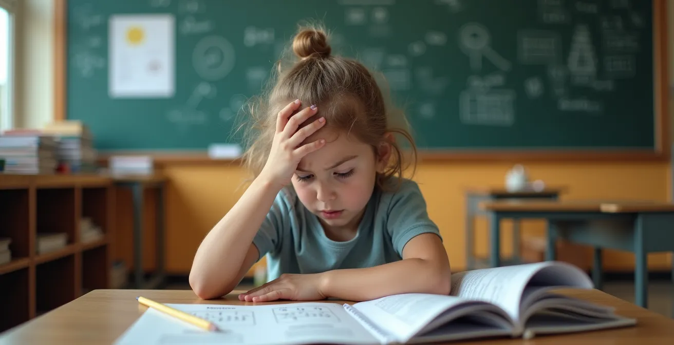 Elementary student showing subtle signs of math distress in classroom