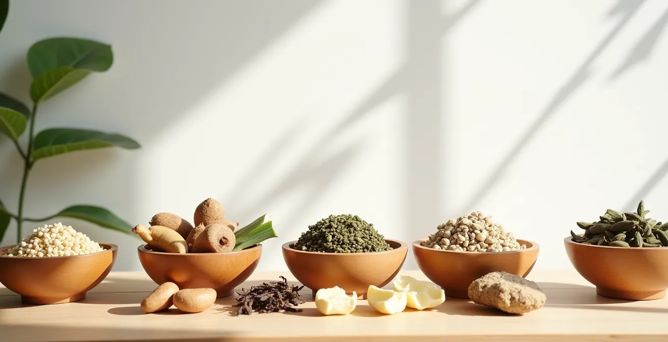 Wide shot of traditional Chinese herb preparation workspace with various herbs and tools