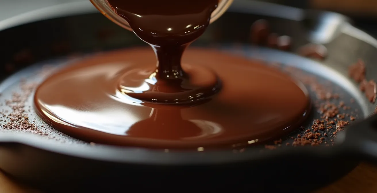 Extreme close-up of tempered chocolate on cast iron surface showing crystalline structure