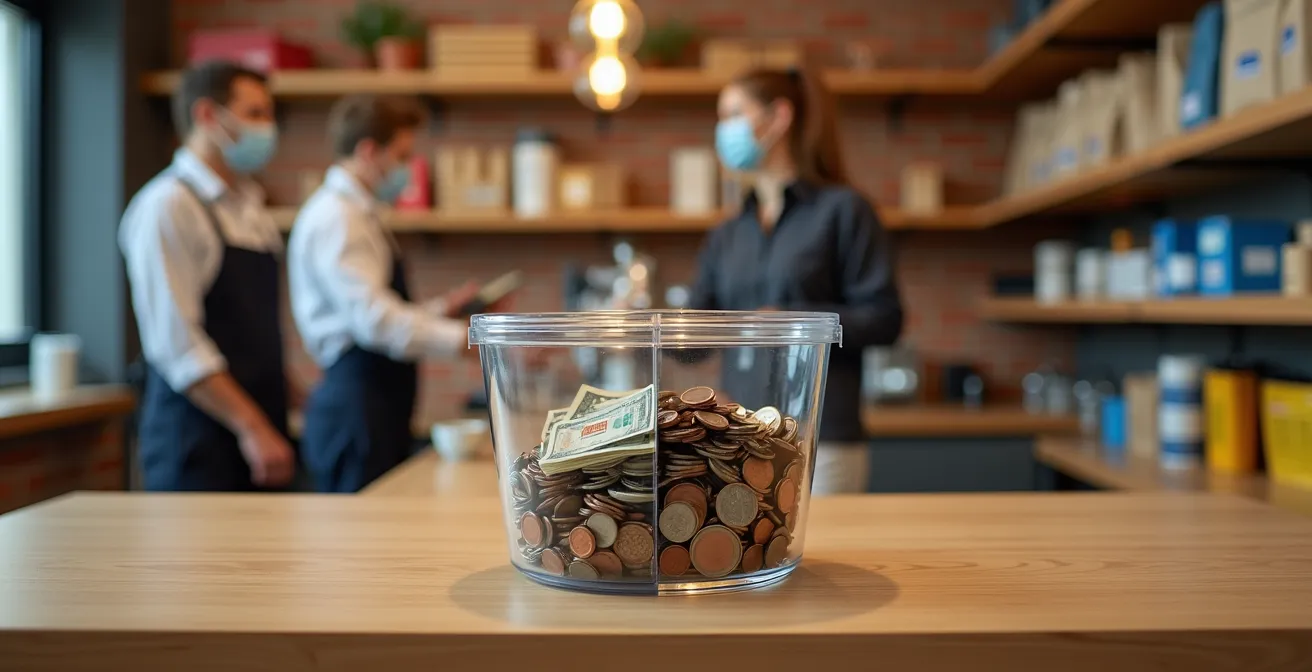 A community center's dual revenue streams shown through a bustling cafe on one side and an organized tool lending library on the other.