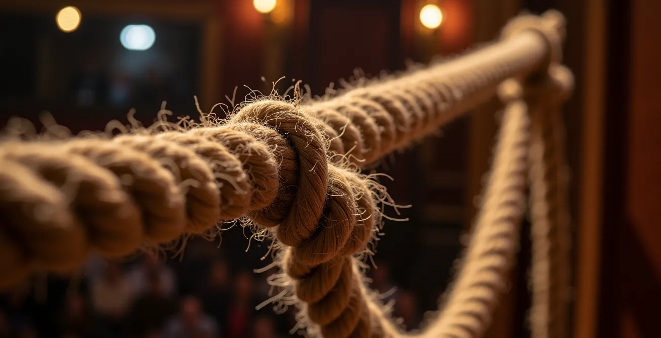 A macro shot focusing on the detailed texture of a theatrical rope, with the blurred silhouettes of a multi-level immersive space in the background.