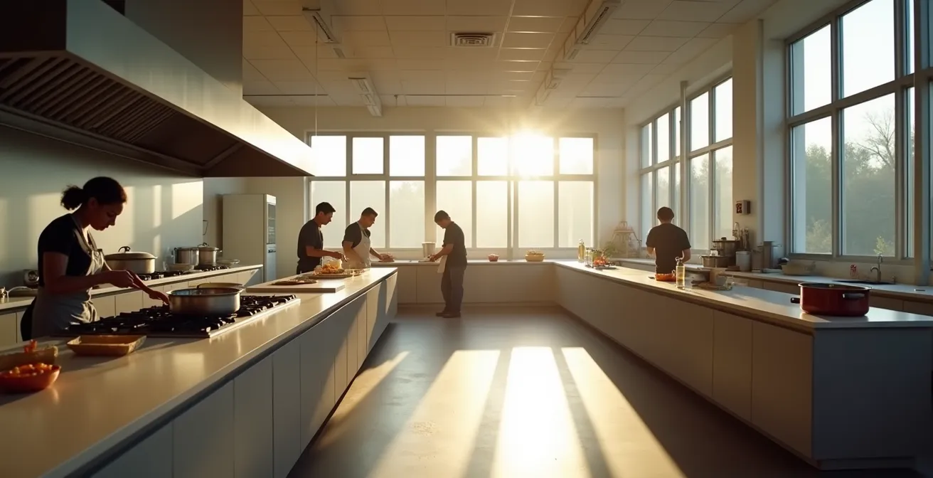 Diverse group of people sharing cooking techniques in a community kitchen setting