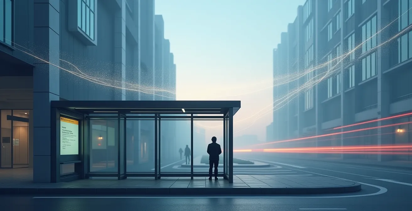 Abstract visualization of data flow from bus GPS to user phone