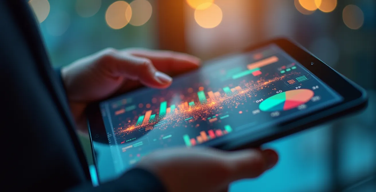 A close-up of a tablet displaying abstract data visualizations of community impact, including network graphs and rising bar charts.