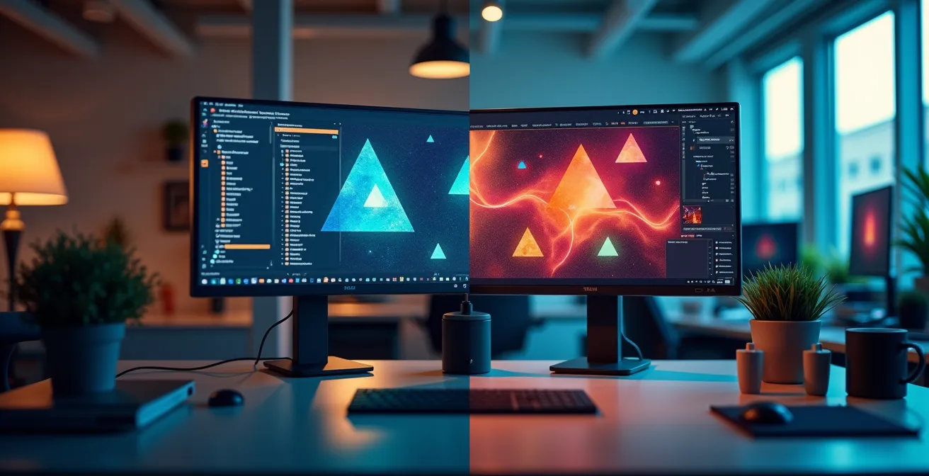 Split screen showing a chaotic multi-monitor desk with notification overload versus a clean, single-screen setup promoting focus.