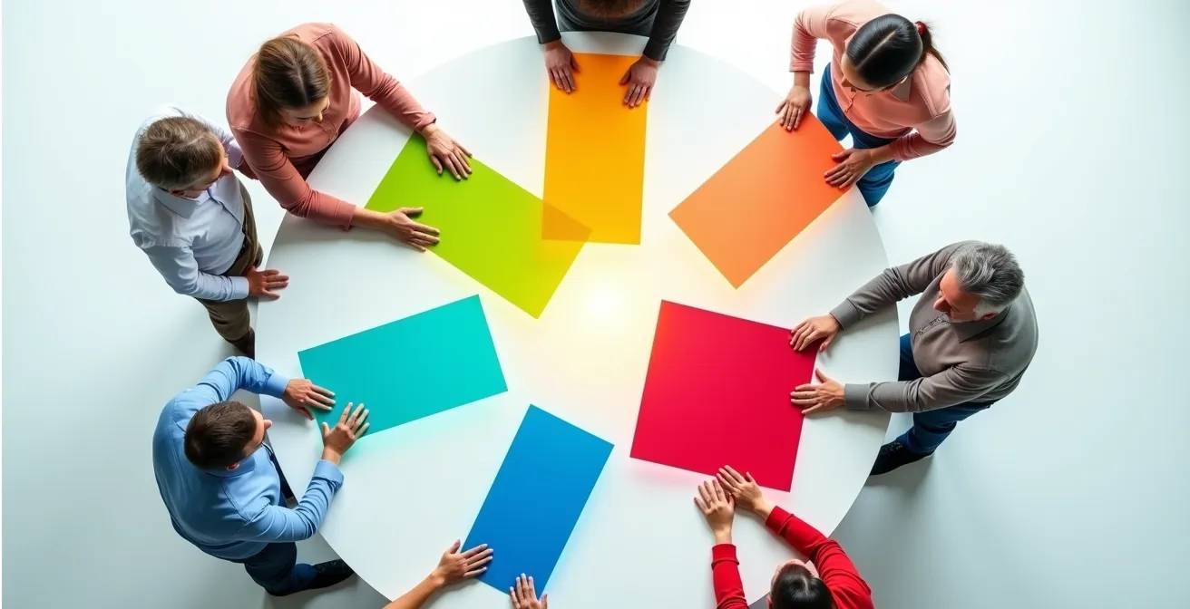 Team members of different backgrounds working together on complex problem with visible synergy and mutual respect