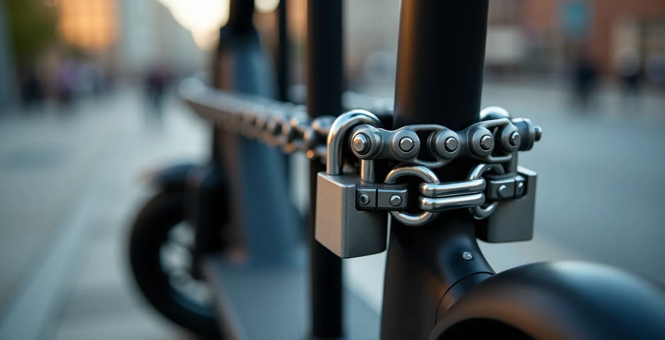 Close-up of double-lock security method on electric scooter frame