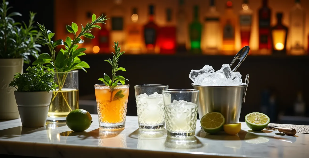 Sophisticated home bar setup with fresh herbs, citrus, and crystal glasses