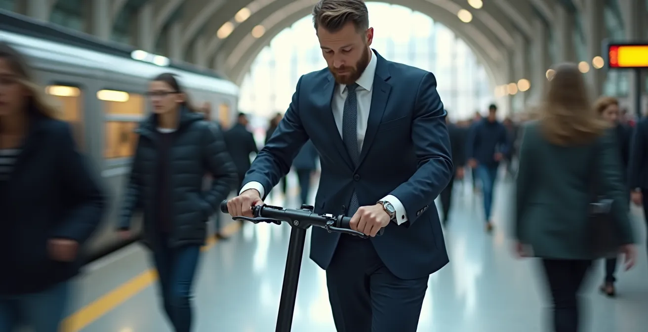 Commuter efficiently folding e-scooter before entering train station