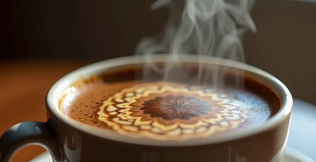 Macro close-up of coffee cup rim with steam patterns suggesting rest and energy cycles