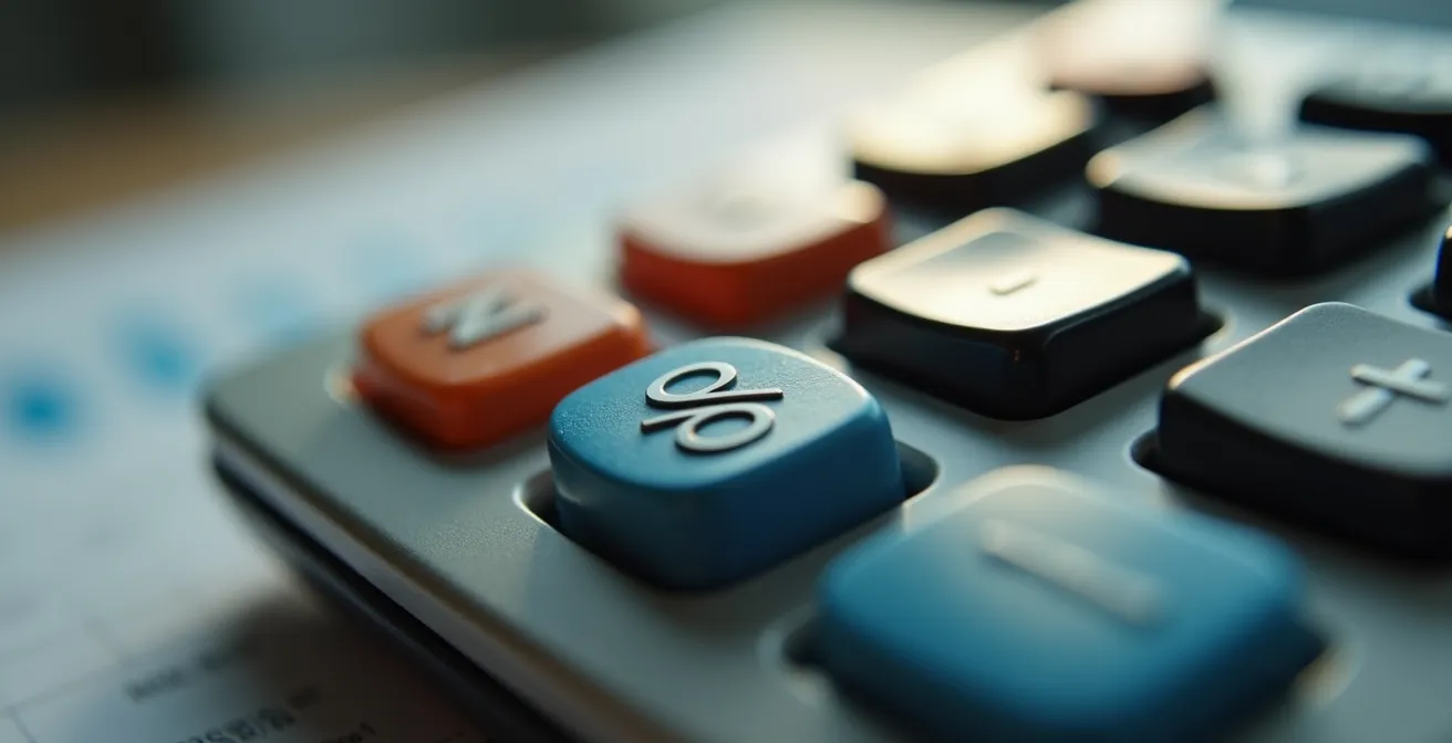 Macro shot of calculator keys and tax forms with dramatic lighting
