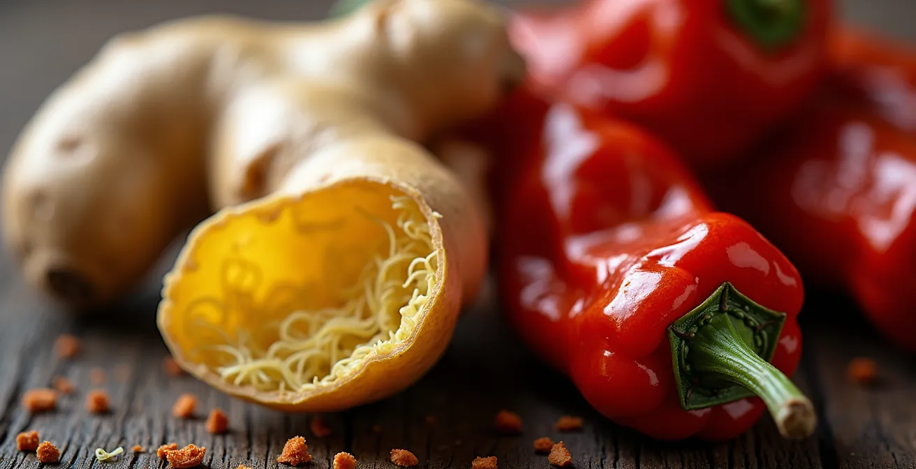 Macro photograph of fresh ginger root cross-section next to dried chili peppers