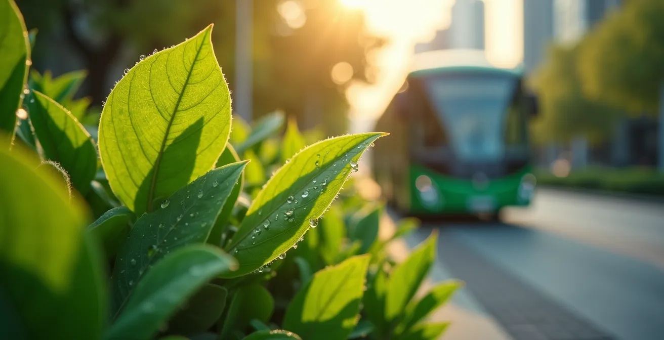Aerial view of city street showing a clear air corridor created by an electric shuttle route