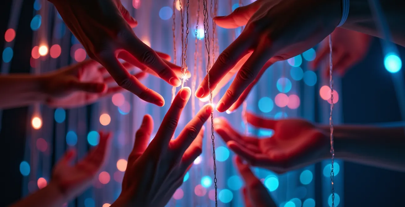 Visitor hands reaching into a galaxy of suspended LED lights creating ripples of color