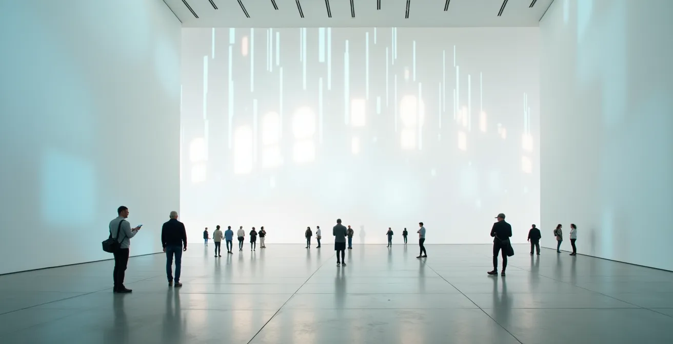 Wide architectural view of minimalist gallery space with cascading light patterns creating depth illusion