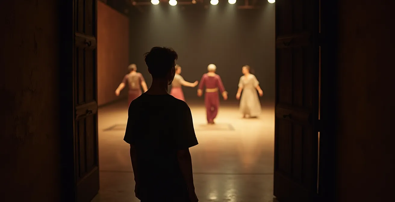 A lone audience member in a white mask observes a theatrical scene from a shadowed alcove, embodying the concept of the 'introvert's gaze'.
