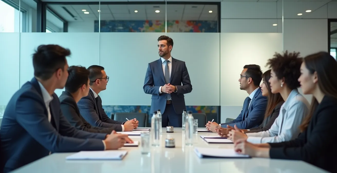 Executive addressing diverse team showing cultural variations in leadership vulnerability