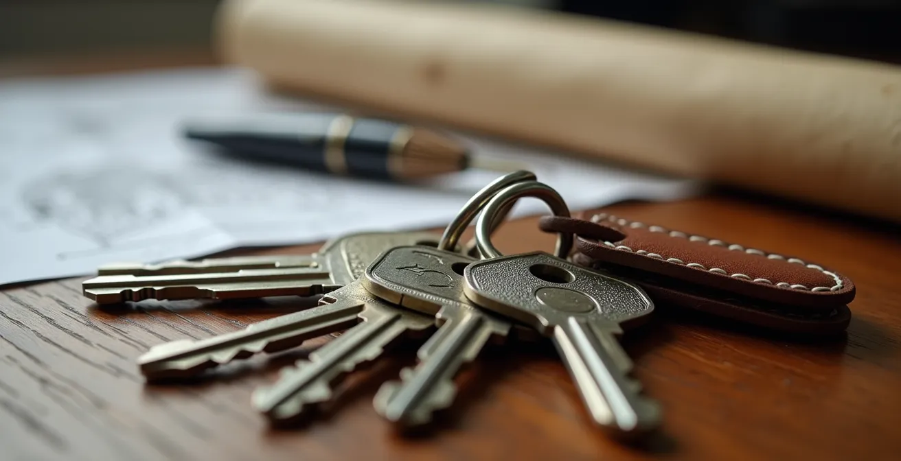 Set of keys on a wooden surface with blurred property documents in the background
