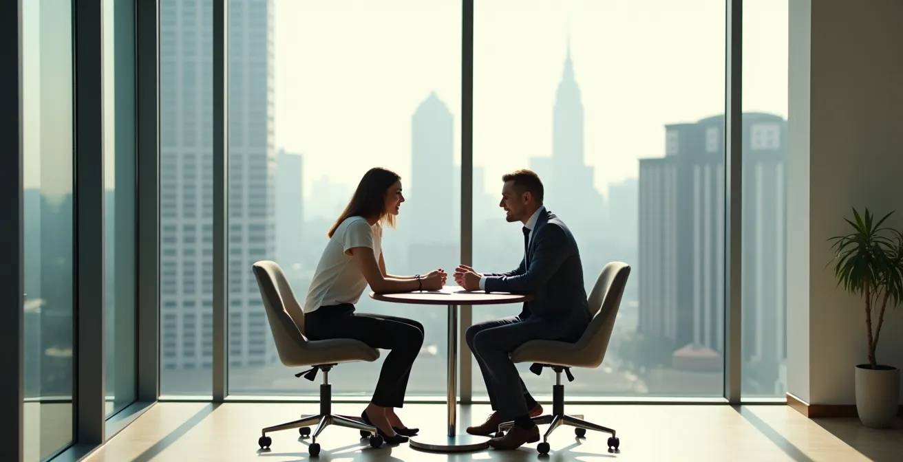 Manager and employee in private office having constructive feedback conversation with positive body language