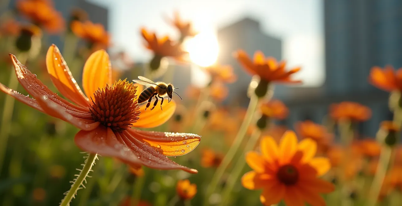 Macro photograph of diverse native wildflowers with pollinators in urban setting