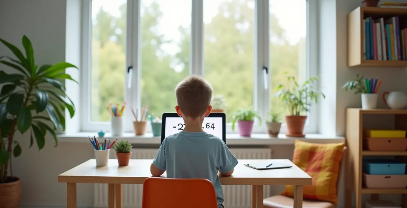 Child engaged in online math tutoring from comfortable home setting