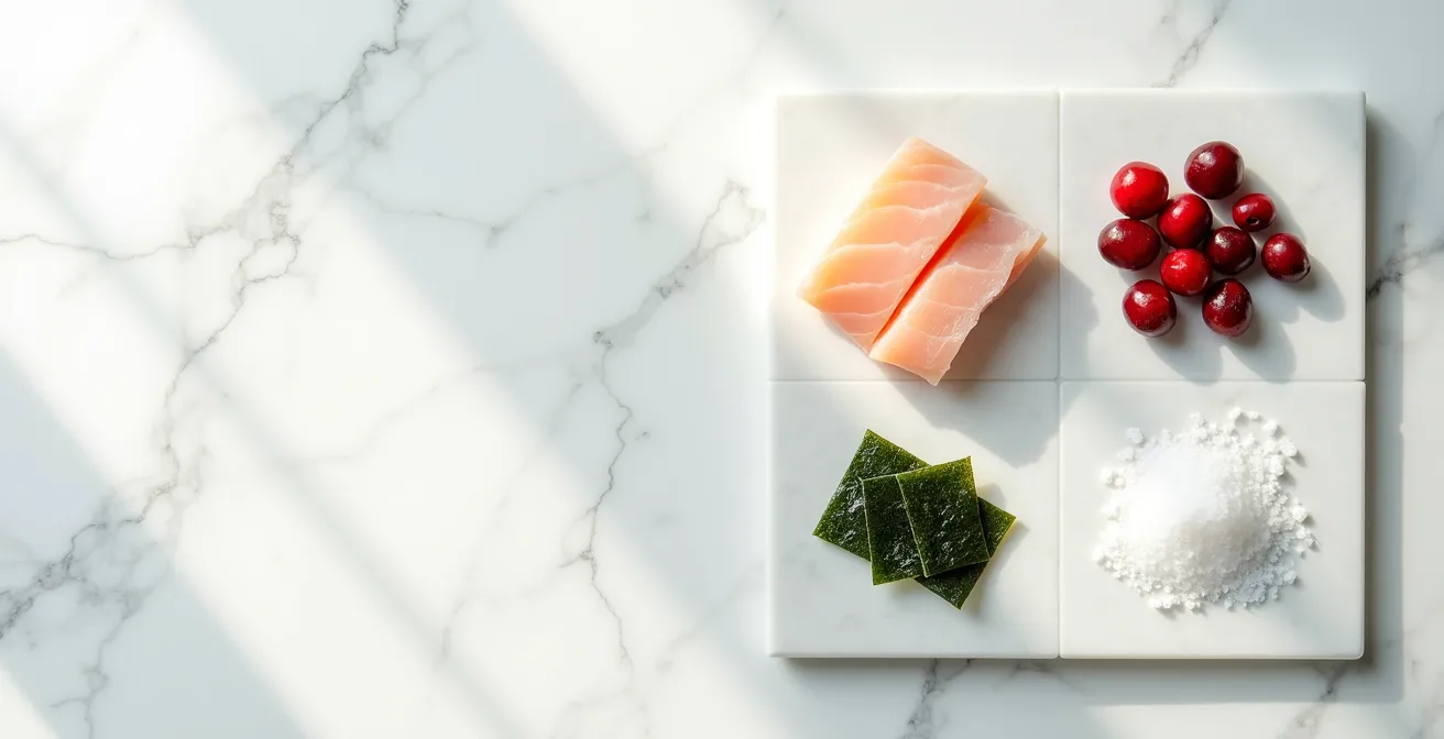 Natural iodine sources including seaweed, fish, and sea salt arranged with visual cost indicators