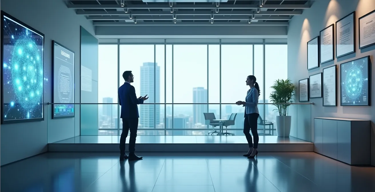 Split-screen comparison of a modern digital portfolio and traditional paper certificates on a wall