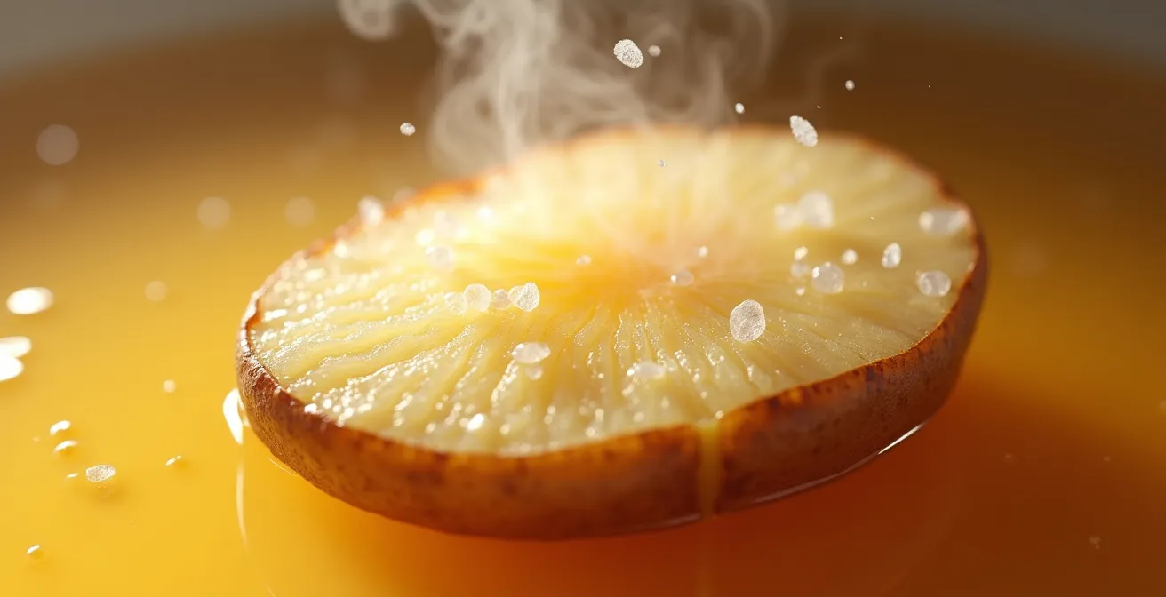 Cross-section view of a potato in soup showing salt concentration remains unchanged