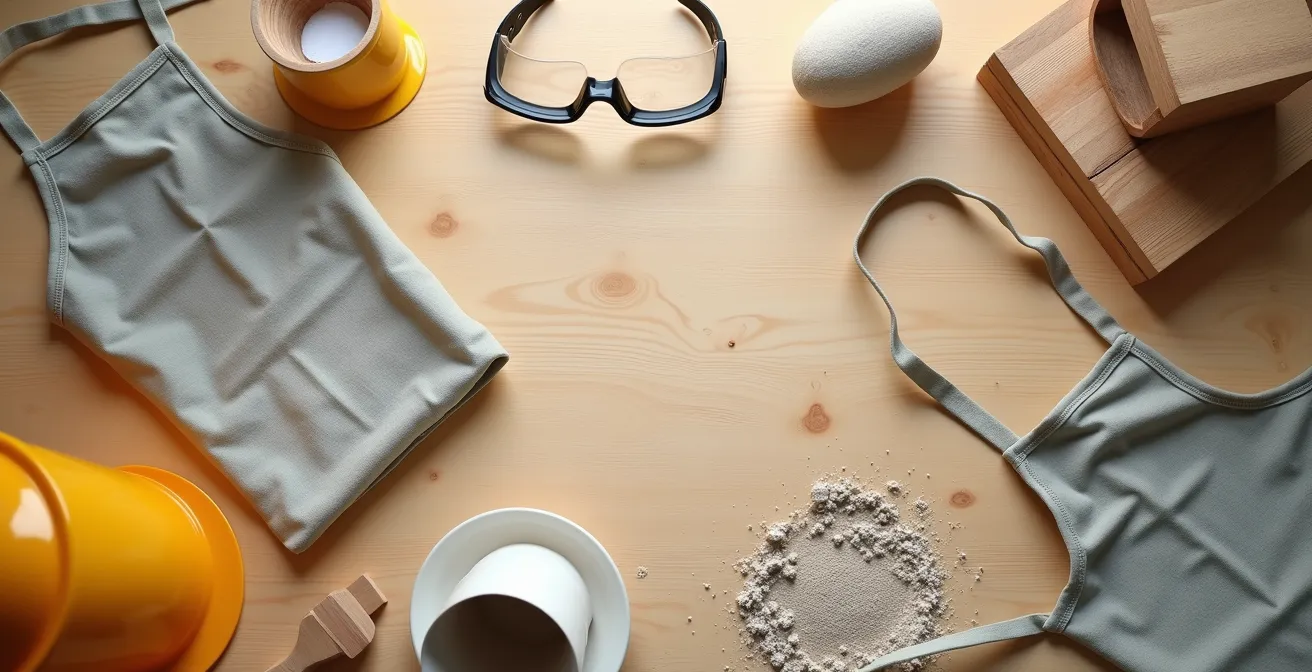 Safety equipment arranged on wooden workshop table including aprons and protective gear
