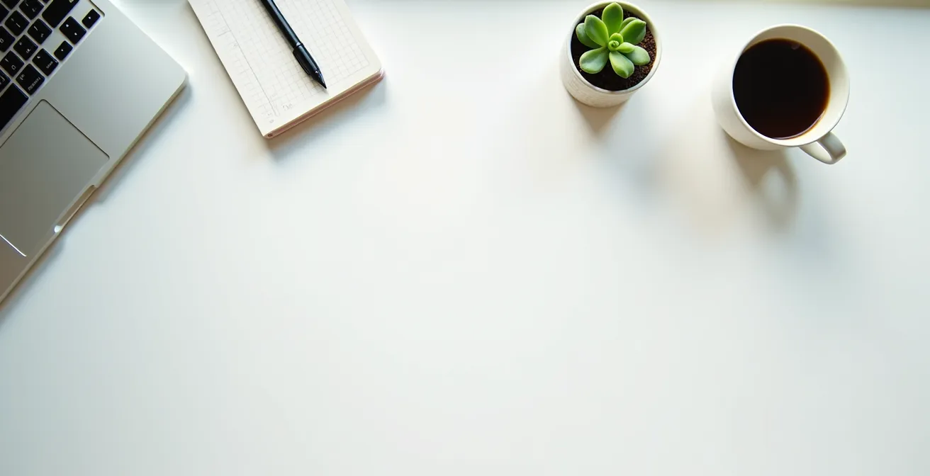 Aerial view of organized workspace with strategic planning materials