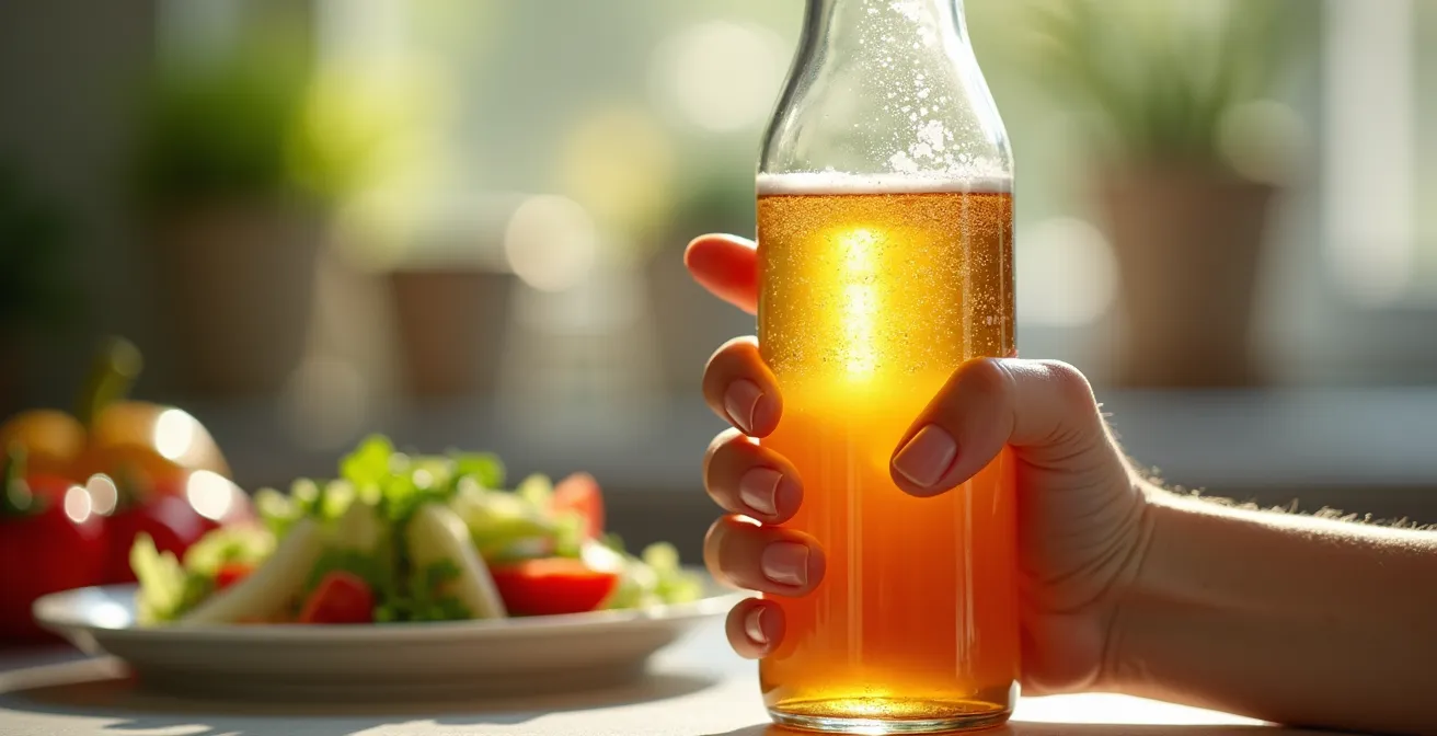 Close-up of hands examining a salad dressing bottle label in a well-lit kitchen