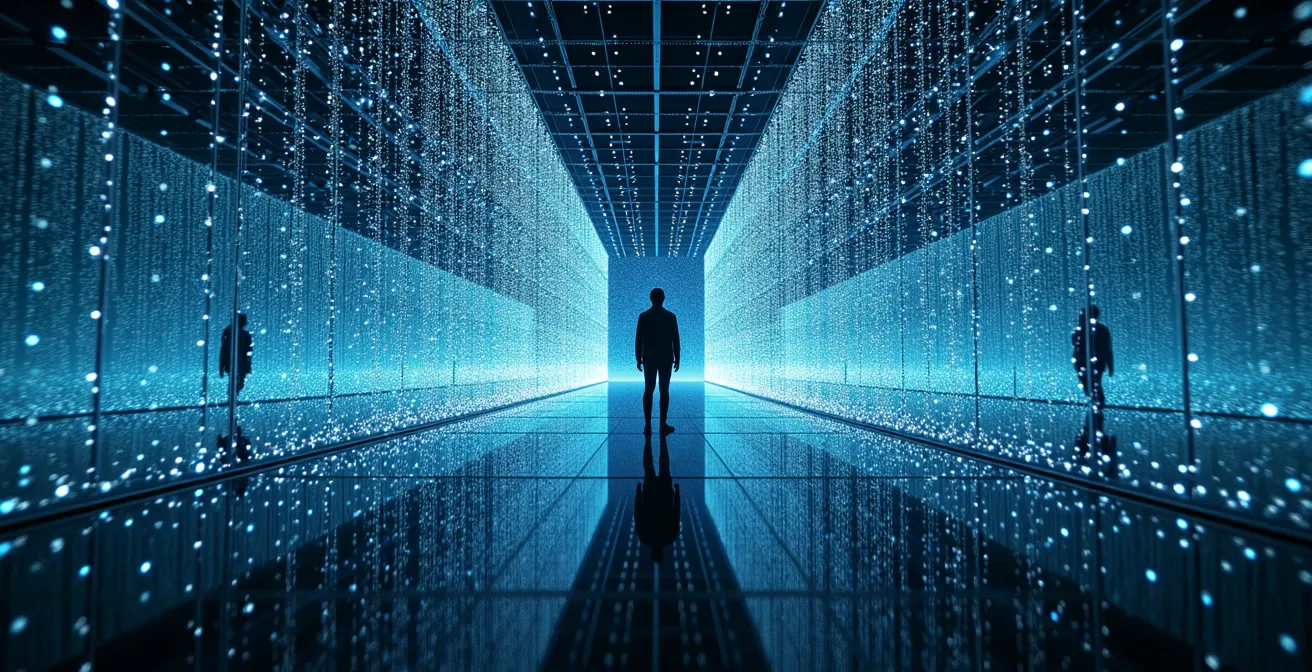 A lone visitor standing in an infinite mirror room with thousands of LED lights creating a cosmos effect