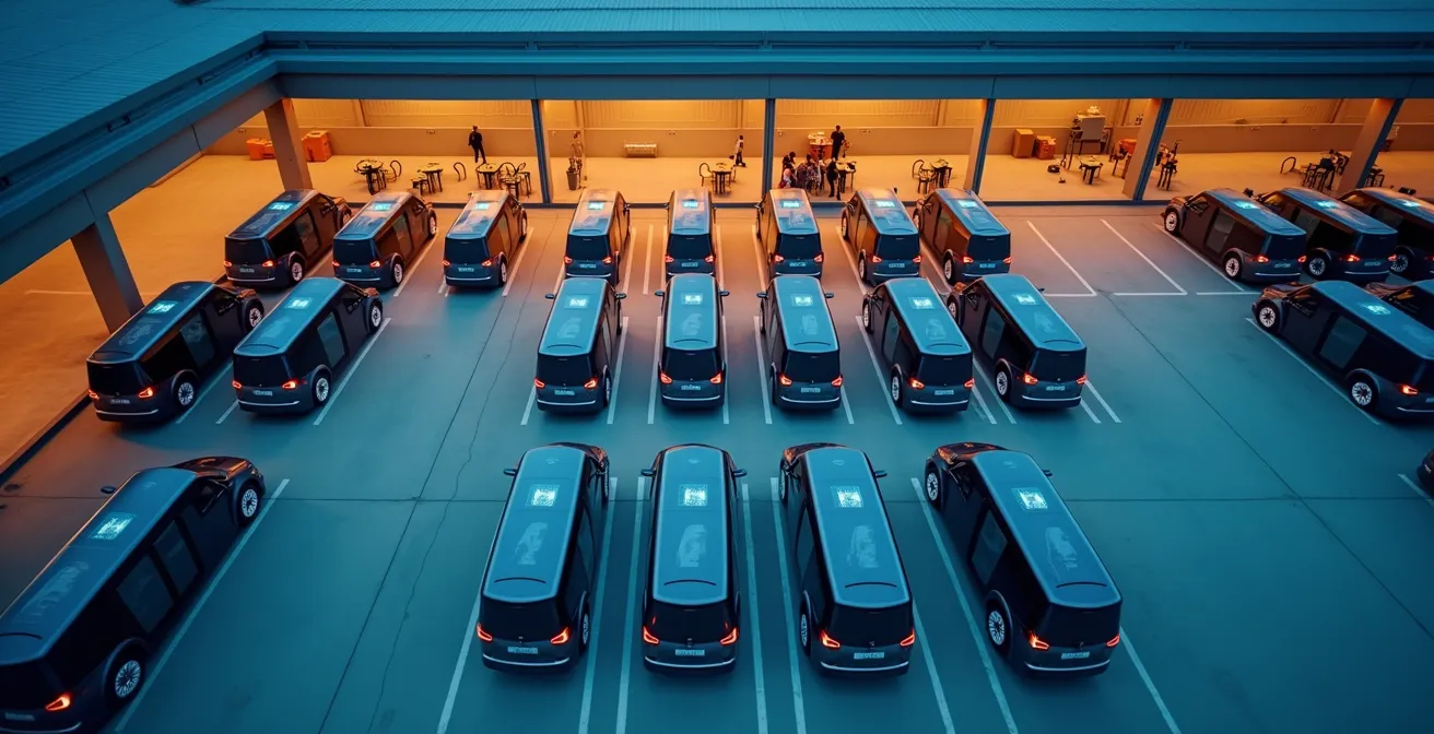 Electric shuttles at a charging depot with half the fleet charging while the others depart for service