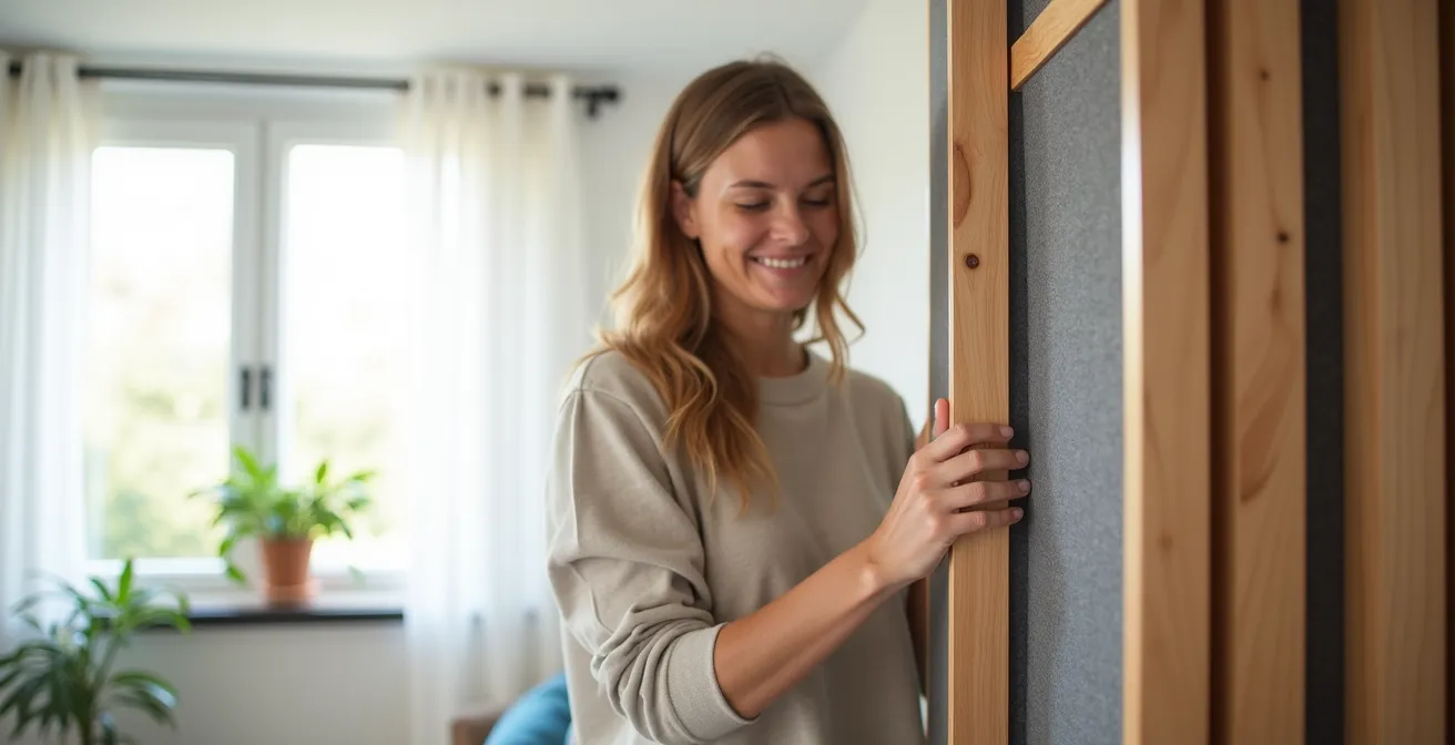Person adjusting a modular acoustic panel divider in a bright studio apartment