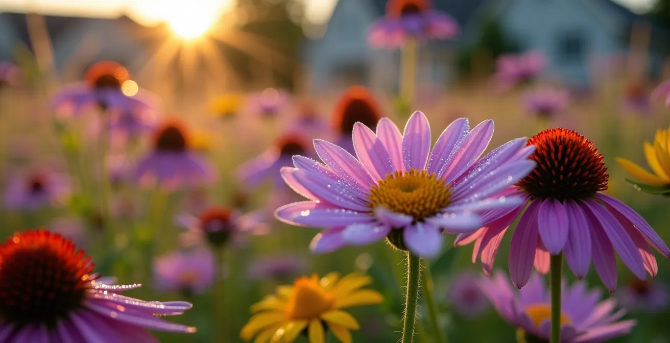 Close-up view of native wildflowers with morning dew in a rewilded suburban front yard
