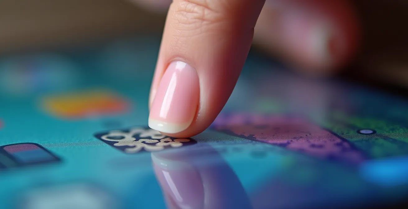 Extreme close-up of teen's hand interacting with tablet showing creative work