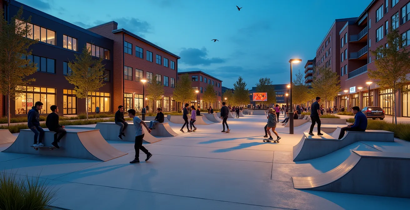 Diverse group of teenagers socializing at a modern urban skate park with integrated seating areas