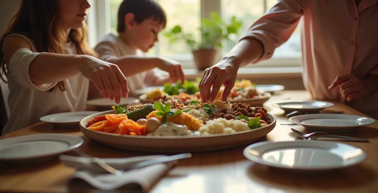 An intimate family dinner scene showing hands sharing food from both individual plates and communal dishes, symbolizing a blended cultural meal.