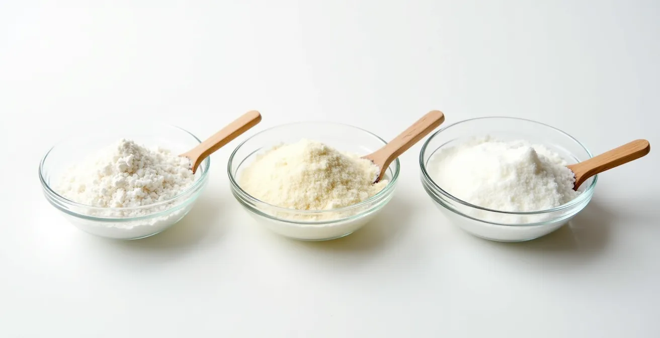 Three glass bowls containing white rice flour, potato starch, and tapioca starch arranged in a minimalist composition