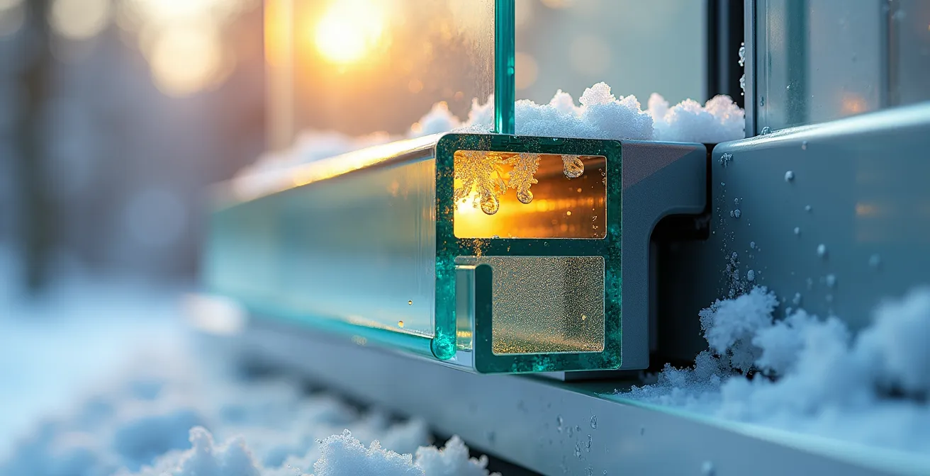 Detailed cross-section of triple glazed window showing heat retention layers