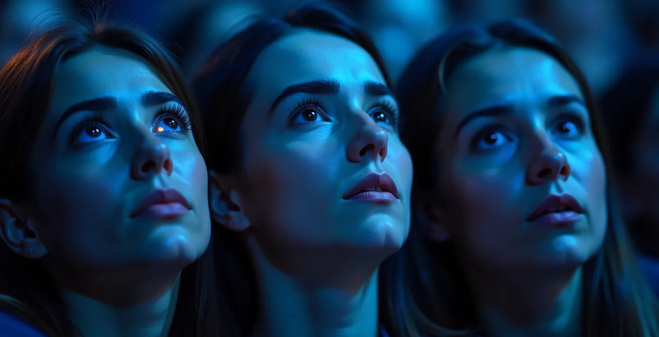 Close-up of diverse audience faces showing mixed emotions while watching ethereal stage performance