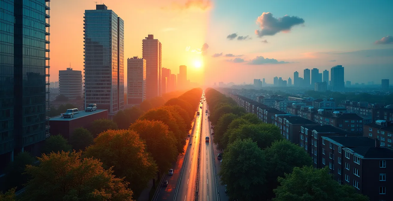 Thermal contrast between urban downtown and leafy suburban area affecting sleep quality