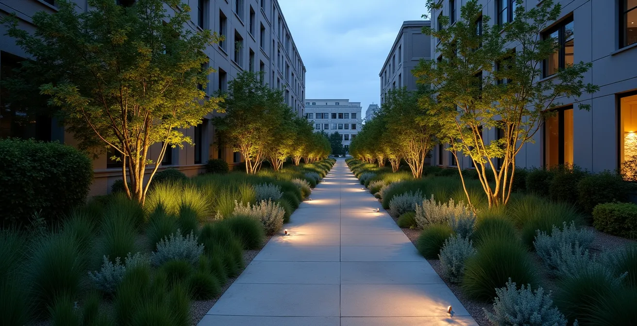 Thoughtfully designed urban green corridor with natural barriers separating wildlife habitat from residential areas