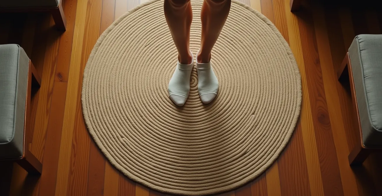 Aerial view of person in VR headset standing on a textured rug in a small apartment with furniture positioned as natural boundaries